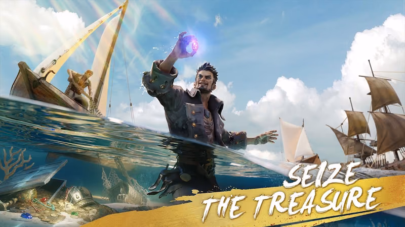 Sea of Conquest: Pirate War — official Google Play screenshot showing a captain raising a glowing relic above the water