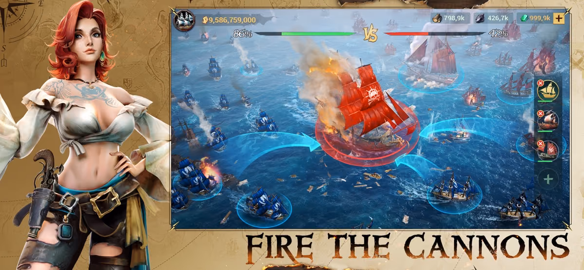 Sea of Conquest: Pirate War — official gameplay screenshot of a ship firing its cannons