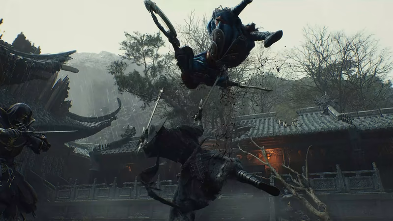 Phantom Blade Zero — fighter mid-air in a rainy temple courtyard